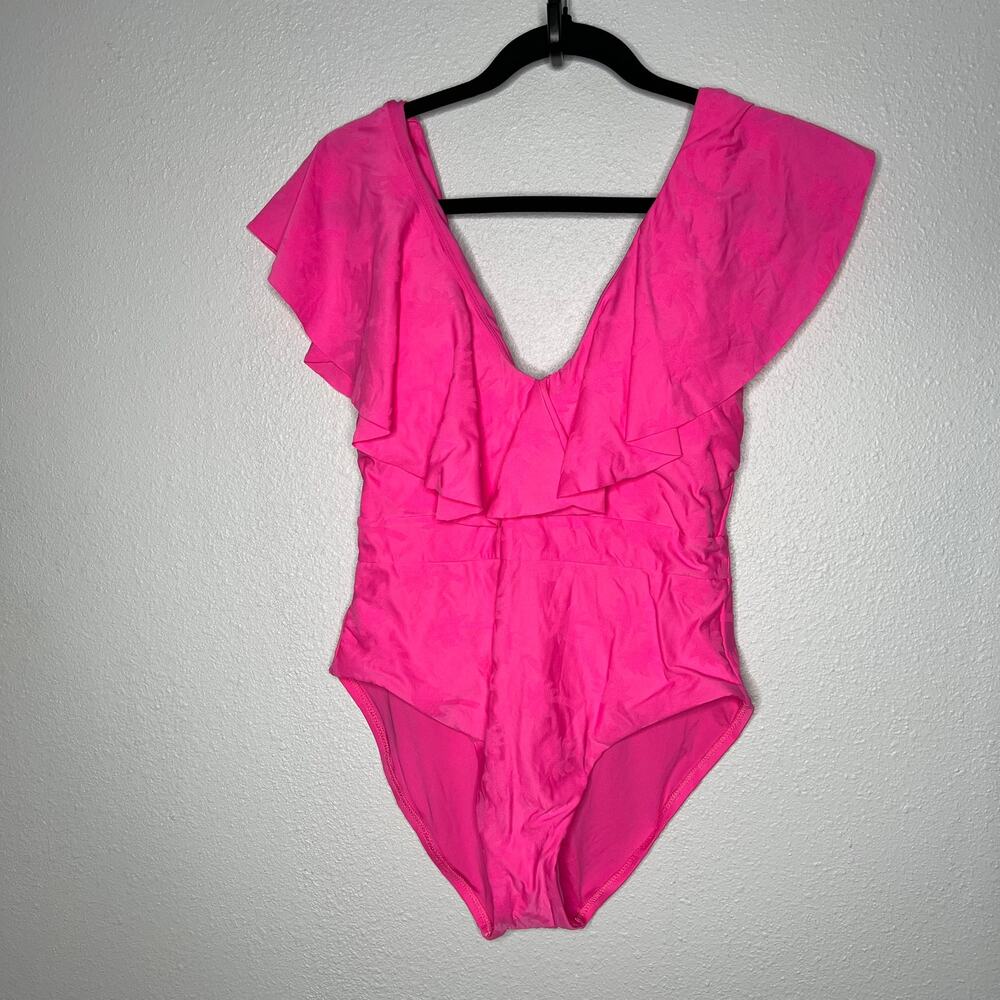 New Trina Turk Ruffle One Piece Hot Pink Palm Tree V-Neck Plunge Back Tie Sz 10